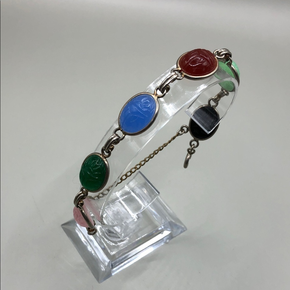 Vintage colorful glass scarab chain link bracelet costume statement silver tone.